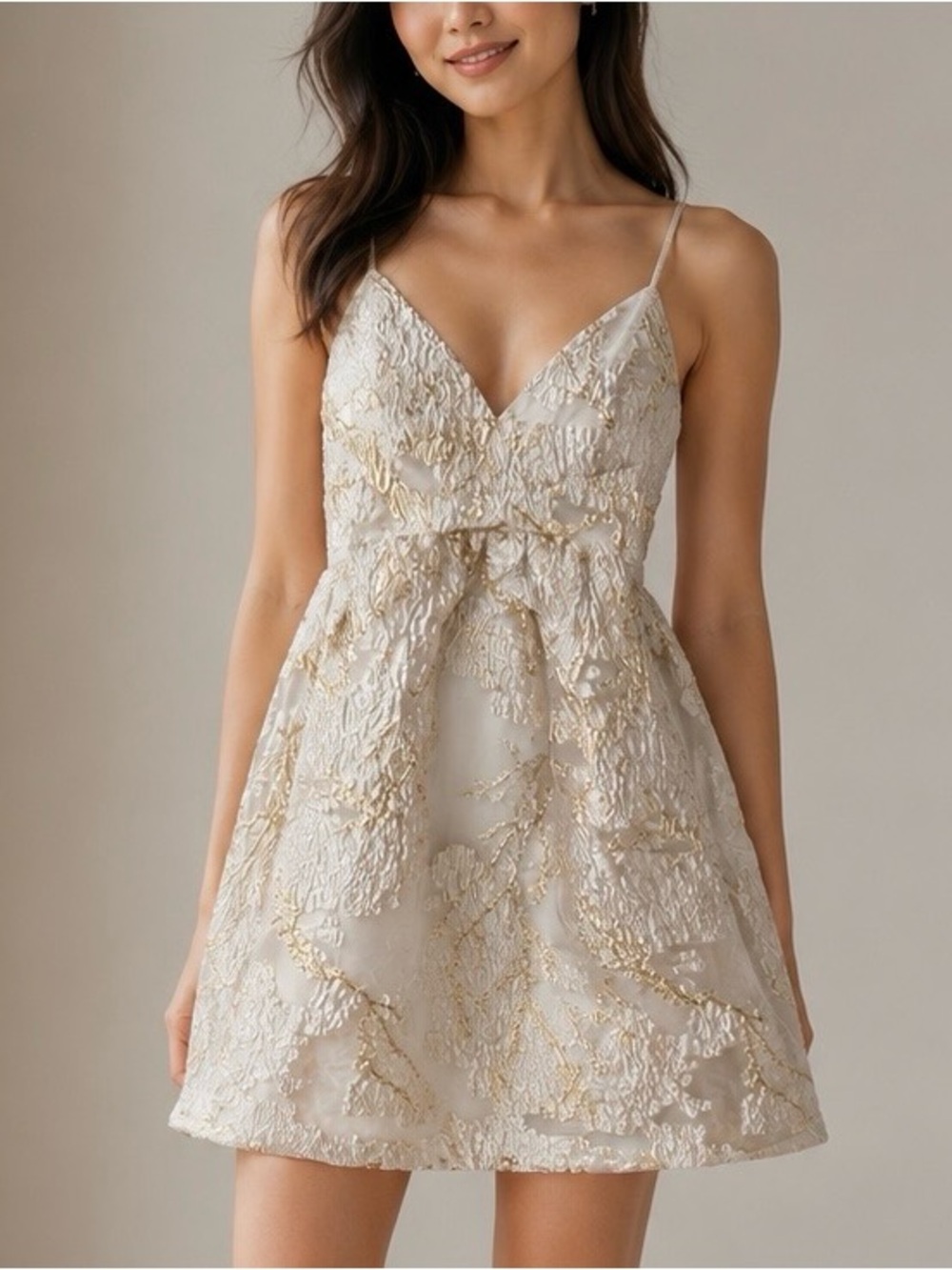 THML Ivory Mini Dress with Gold Floral Embroidery